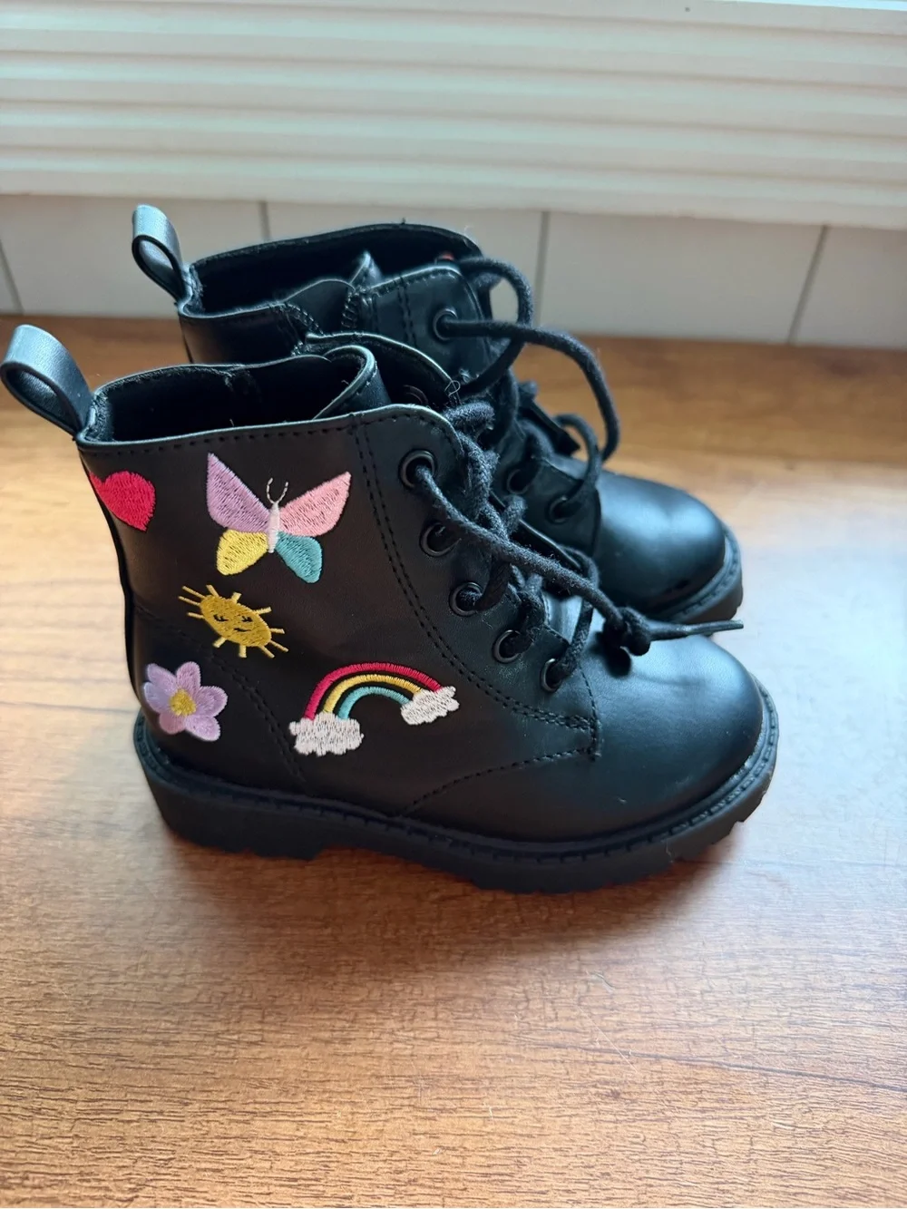 wonder nation Black Lace-Up Kids Boots with Colorful Embroidered Patches